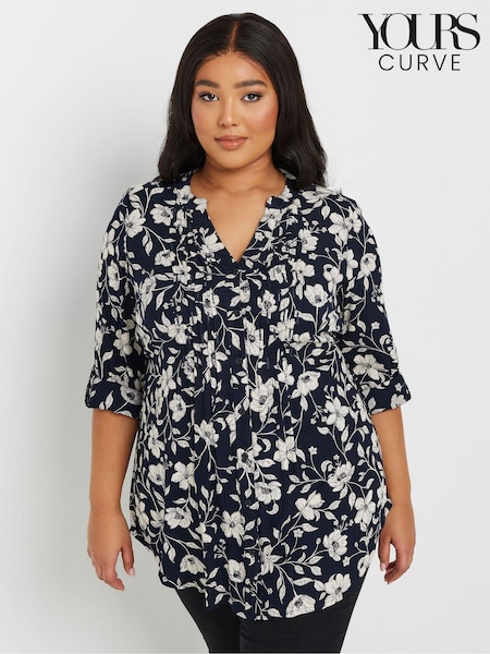 Yours Curve Navy Blue Floral Print Pintuck Blouse (AV7022) | €44