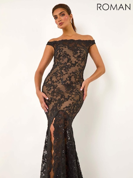 Musta - Roman Lace Scallop Edge Split Maksimekko (AV7051) | €221