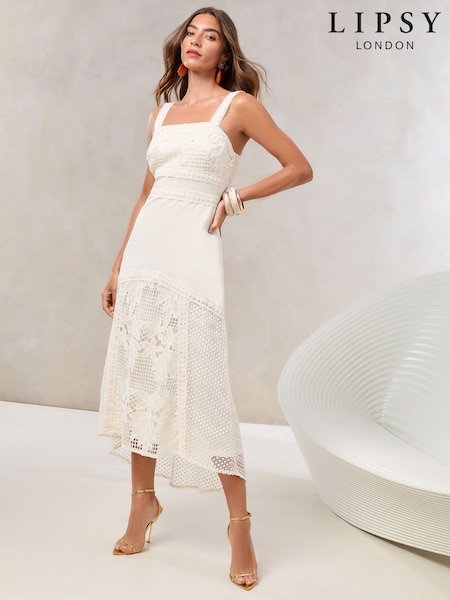 Lipsy Cream Premium Lace Insert Dropped Hem Fit And Flare Midi Dress (AV7076) | ₪785