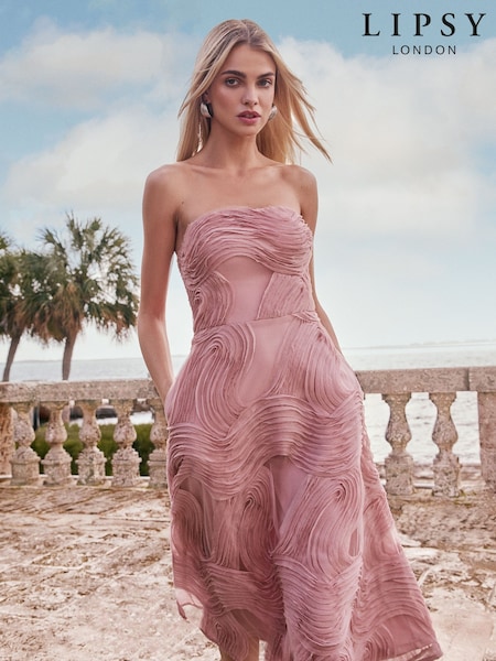 Lipsy Pink Petite Premium 3D Textured Trim Bandeau Prom Dress (AV7111) | 718 QAR