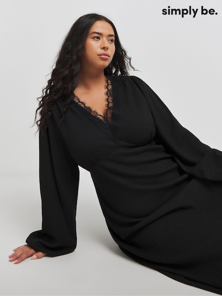 Simply Be Black Long Sleeve Waffle Lace Trim Maxi Skater Dress (AV7143) | €50
