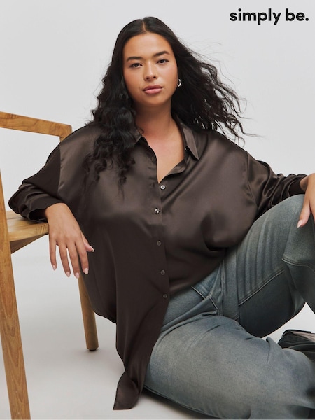 Simply Be Brown Balloon Sleeve Satin Shirt (AV7144) | $31