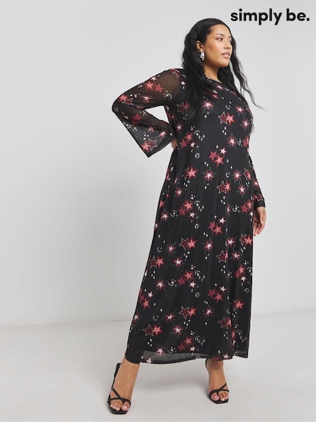Simply Be Black Long Sleeves Mesh Maxi Dress (AV7150) | 145 QAR
