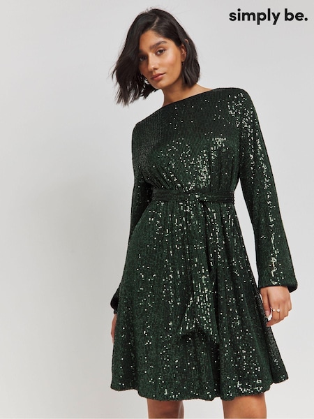 Зеленый - Simply Be Sequin Belted Skater Dress (AV7160) | €32
