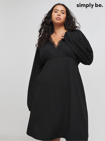 Simply Be Long Sleeve Waffle Lace Trim Midi Skater Dress (AV7166) | ‏181‏₪