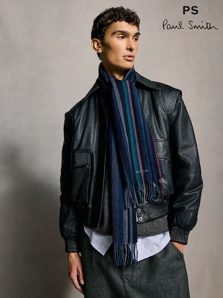 PS Paul Smith Navy Wool Zebra Print Logo Scarf (AV7249) | €56