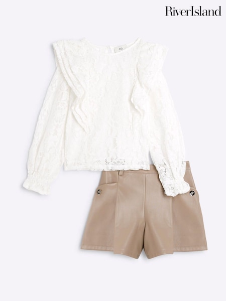 River Island Cream Girls Lace Top And Shorts Set (AV7416) | €32