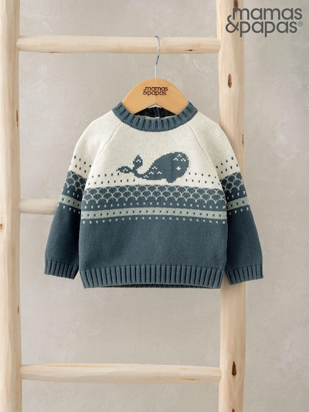 Mamas & Papas Blue 100% Cotton Whale Knitted Jumper (AV7476) | 111 LEI