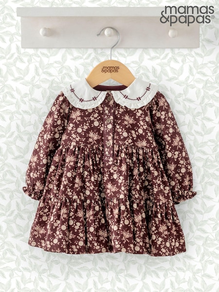 Mamas & Papas Autumn Floral Print Peter Pan Collar 100% Cotton Brown Dress (AV7479) | LEI 182