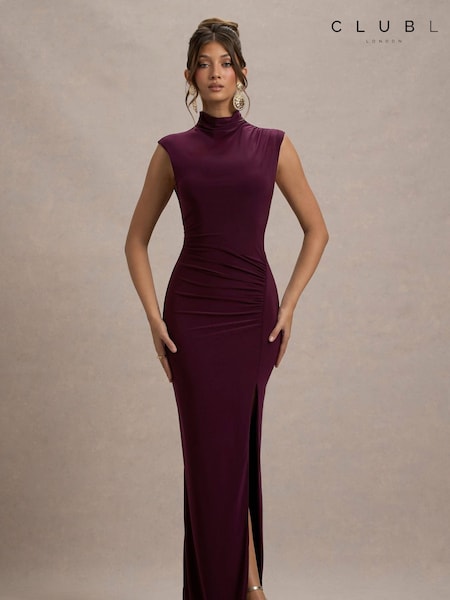 Пурпурный - Club L London Lanetta Ruched High-Neck Maxi Dress With Split (AV7516) | €59