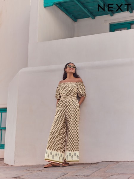 Verde caqui - Off Shoulder Wide Leg 100% Cotton Jumpsuit (AV7546) | 46 €