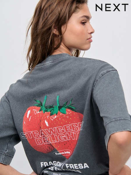 Charcoal Grey - Oversized Washed Strawberry Graphic Short Sleeve Crew Neck 100% Cotton T-Shirt (AV7663) | 32 €