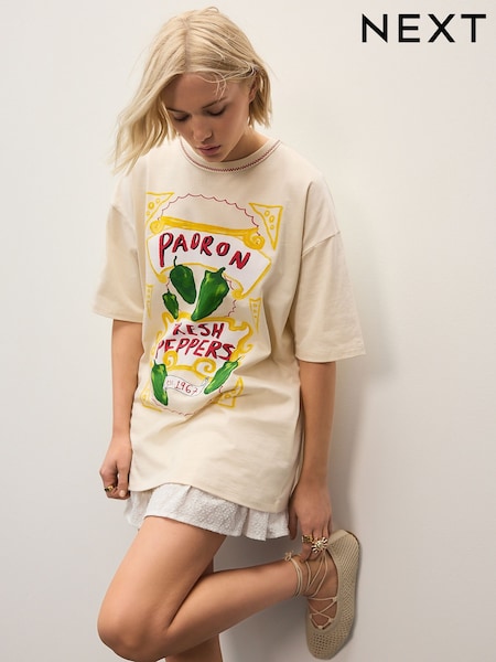 Ecru Stone Padron Peppers Fun Graphic Oversized Knit Trim Neck Detail Short Sleeve Crew Neck T-Shirt (AV7666) | € 26
