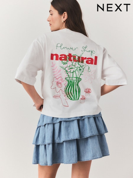 White Flower Vase Back Placement Graphic Oversized Short Sleeve Crew Neck T-Shirt (AV7667) | $22