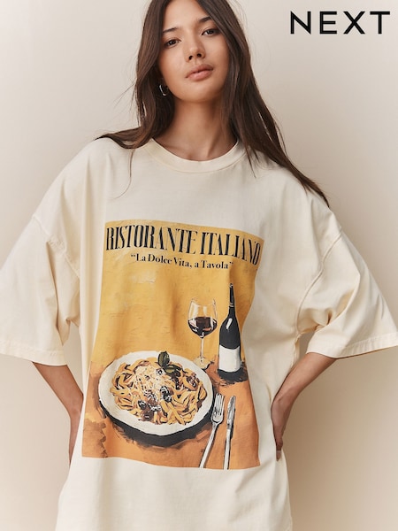 Yellow Spaghetti Dinner Relaxed Fit Front Graphic Print Short Sleeve Crew Neck T-Shirt (AV7683) | AZN 49