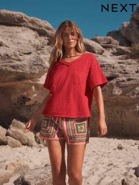 Red Oversized V-Neck Short Sleeve T-Shirt (AV7685) | €19