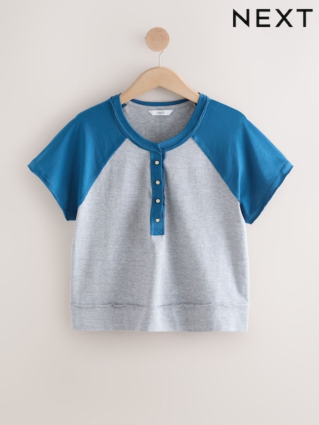 Sininen/harmaa - Lyhyempi Lahkeen pituus Raglan Väriblokki Lyhyt hiha Button Henleys T-paita (AV7686) | €31