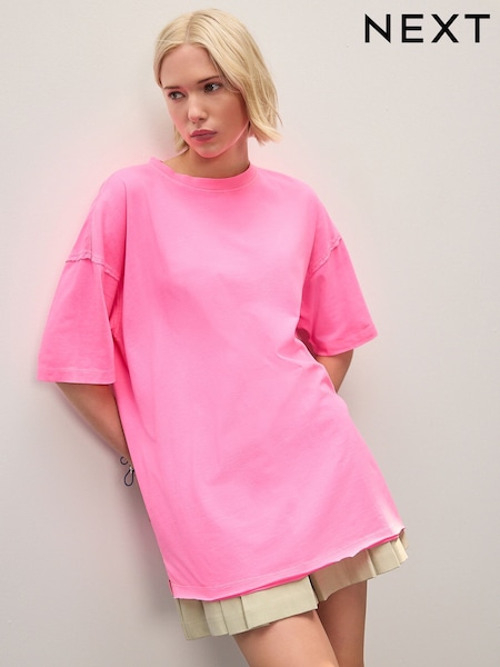 Fluro Pink Relaxed Fit Short Sleeve Seam Detail Skater Style 100% Cotton T-Shirt (AV7692) | $31