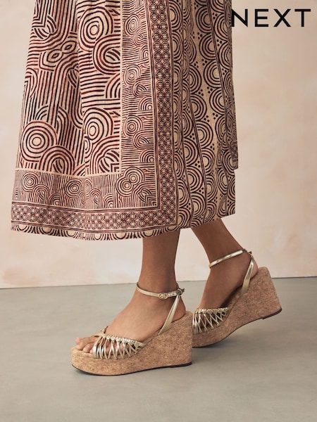 Gold Forever Comfort® Round Toe Weave Detail High Cork Wedges (AV7752) | €65