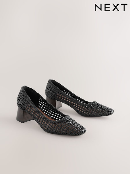 Black Forever Comfort® Leather Round Toe Weave Low Block Courts Heels (AV7767) | ₪164