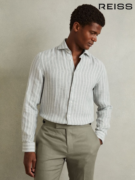 Reiss Green Ruban Linen Striped Cutaway-Collar Shirt (AV7788) | 809 QAR