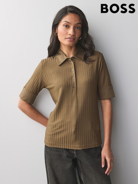 BOSS Brown Ribbed Collar 100% Cotton Polo Shirt (AV7806) | €91