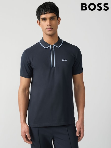 BOSS Navy Philix Tape Zip Neck Contrast Detail Knit Polo Shirt (AV7810) | 563 QAR