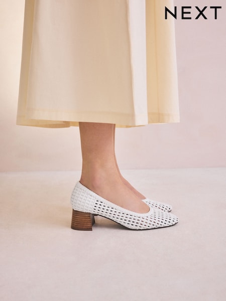 White Forever Comfort® Leather Round Toe Weave Low Block Courts Heels (AV7903) | ₪164