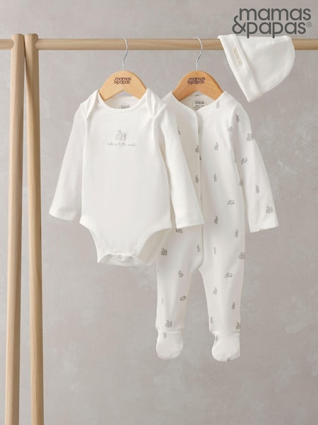 Mamas & Papas Bunny 100% Cotton White Jersey Sleepsuit, Bodysuit & Hat 3 Piece Set (AV7926) | 45 €