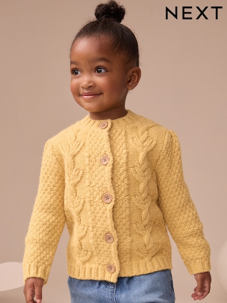 Ochre Yellow Chunky Knit Bobble Cardigan (3mths-10yrs) (AV7963) | AED91 - AED112