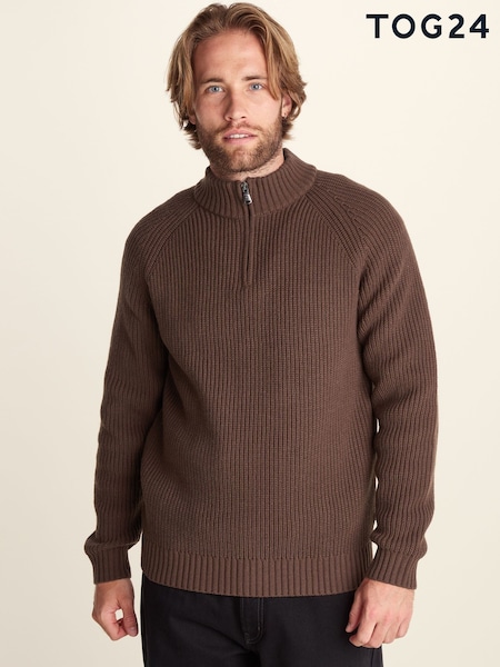 Brown - Regular Tog 24 Glen Chunky Knitted Zip Neck Jumper