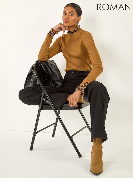 Natural - Roman Leopard Ruffle Trim Jumper
