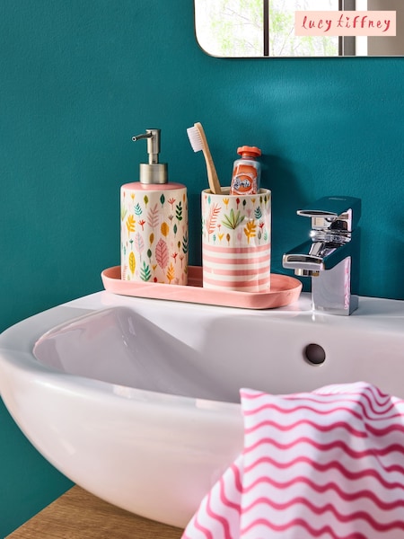 Lucy Tiffney Cream/Pink/Green Leaf Soap Dispenser and Toothbrush Tidy Set (AV8225) | €34
