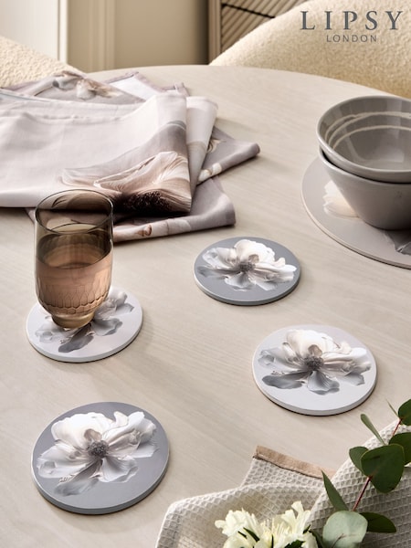 Lipsy Set of 4 Cream Mauve Corkback Floral Print Coasters (AV8244) | €13.50