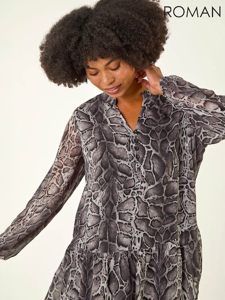 Grey - Roman Snake Print V-neck Tunic Top