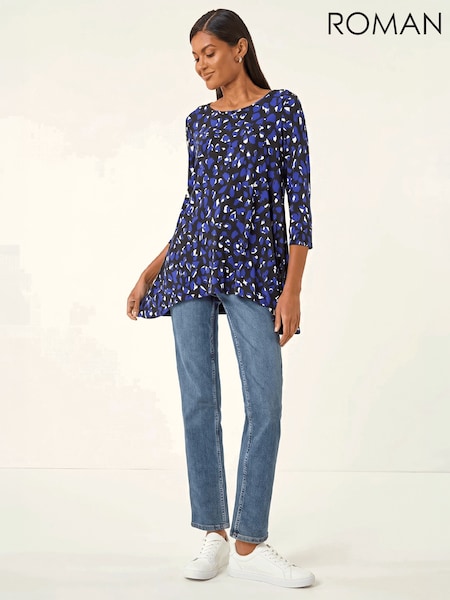 Blue - Roman Speckled Print Stretch Tunic Top