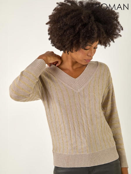 Natural - Roman Metallic Stripe Knit Jumper