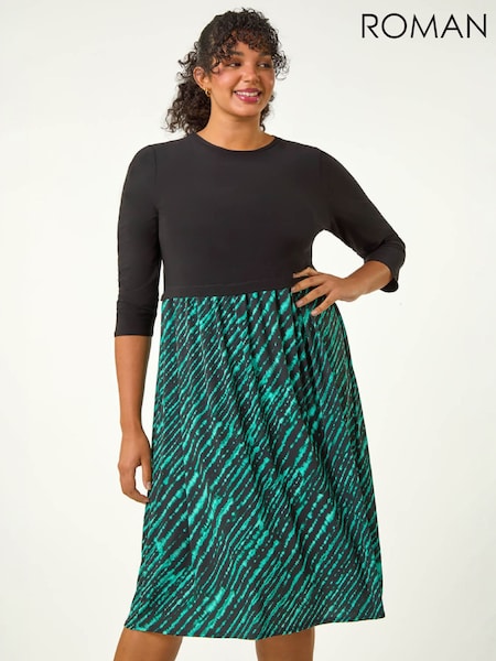 Green - Roman Curve Constrast Skirt Stretch Dress