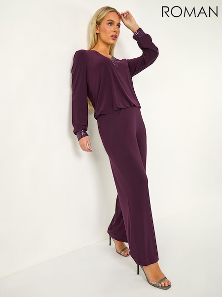 Vijolična - Roman Petite Elastic Waist Wide Leg Stretch Trousers