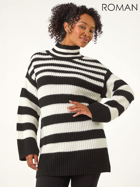 Black - Roman Petite Stripe High Neck Jumper