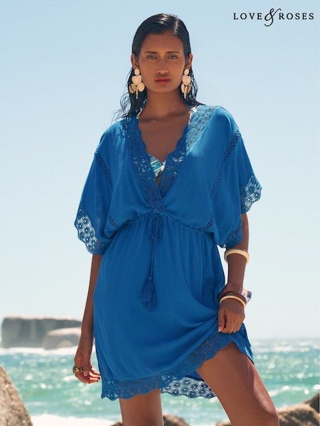 Sininen - Love & Roses Mini Lace Trim Tassel Solmio Detail Kaftan (AV8372) | €61