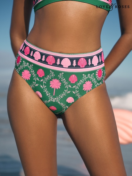 Love & Roses Palm Patched Tummy Control High Waisted Bikini Bottoms (AV8375) | 179 LEI