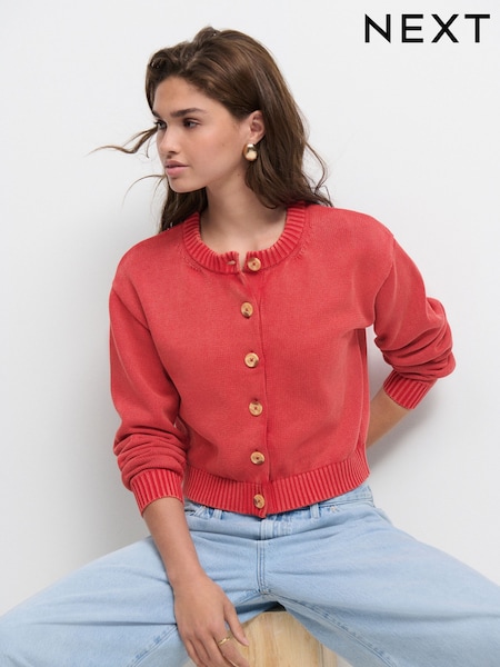 rdeča - 100% Cotton Washed Crew Neck Cardigan (AV8388) | € 40