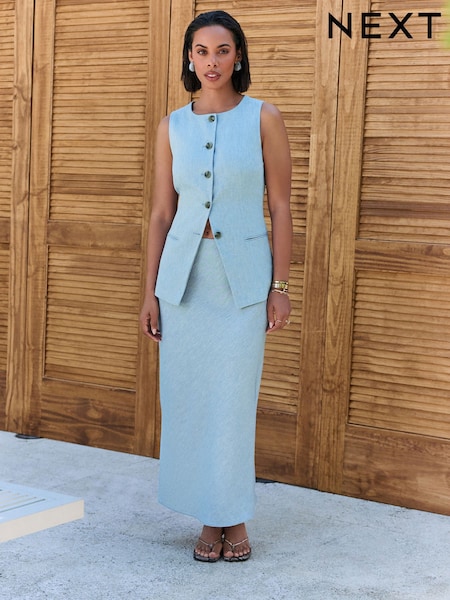 Blue Linen Rich Textured Chambray Midi Skirt (AV8398) | €43.50