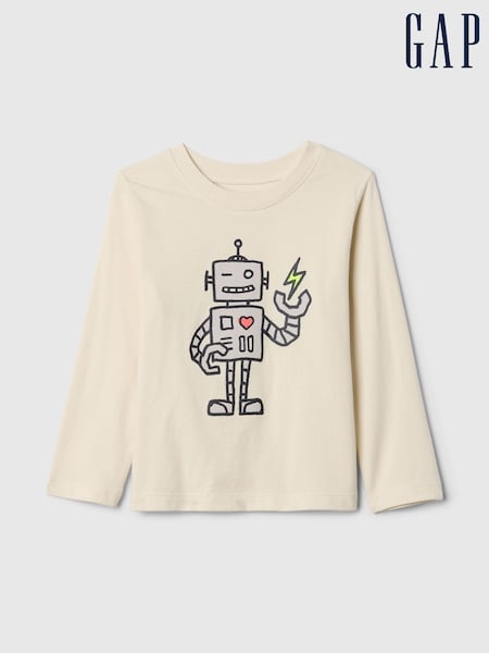 Gap Cream Robot Long Sleeve Crew Neck Graphic T-Shirt (6mths-5yrs) (AV8491) | €11