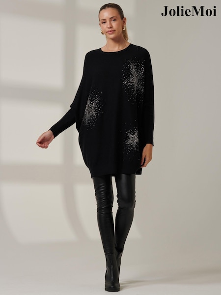 Negru - Pulover tricotat cu strasuri Jolie Moi (AV8589) | 188 LEI