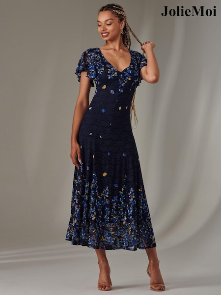 Jolie Moi Blue Cap Sleeve Lace Maxi Dress (AV8599) | €113