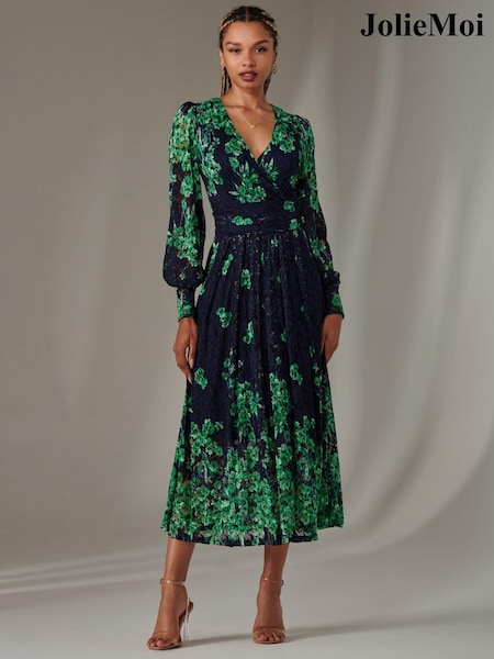 Jolie Moi Green Dalia Symmetrical Print Lace Maxi Dress (AV8611) | INR 12,132