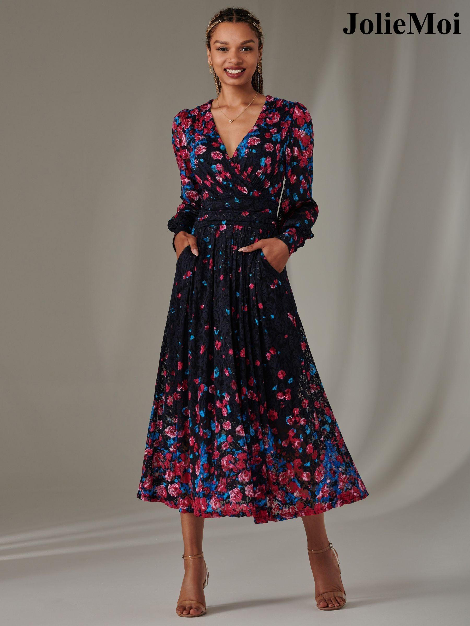 Wrap floral long sleeve dresses on sale