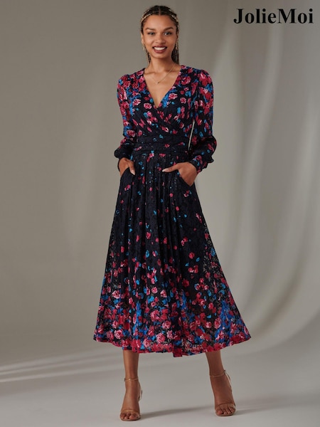 Jolie Moi Pink Dalia Symmetrical Print Lace Maxi Dress (AV8624) | AED460
